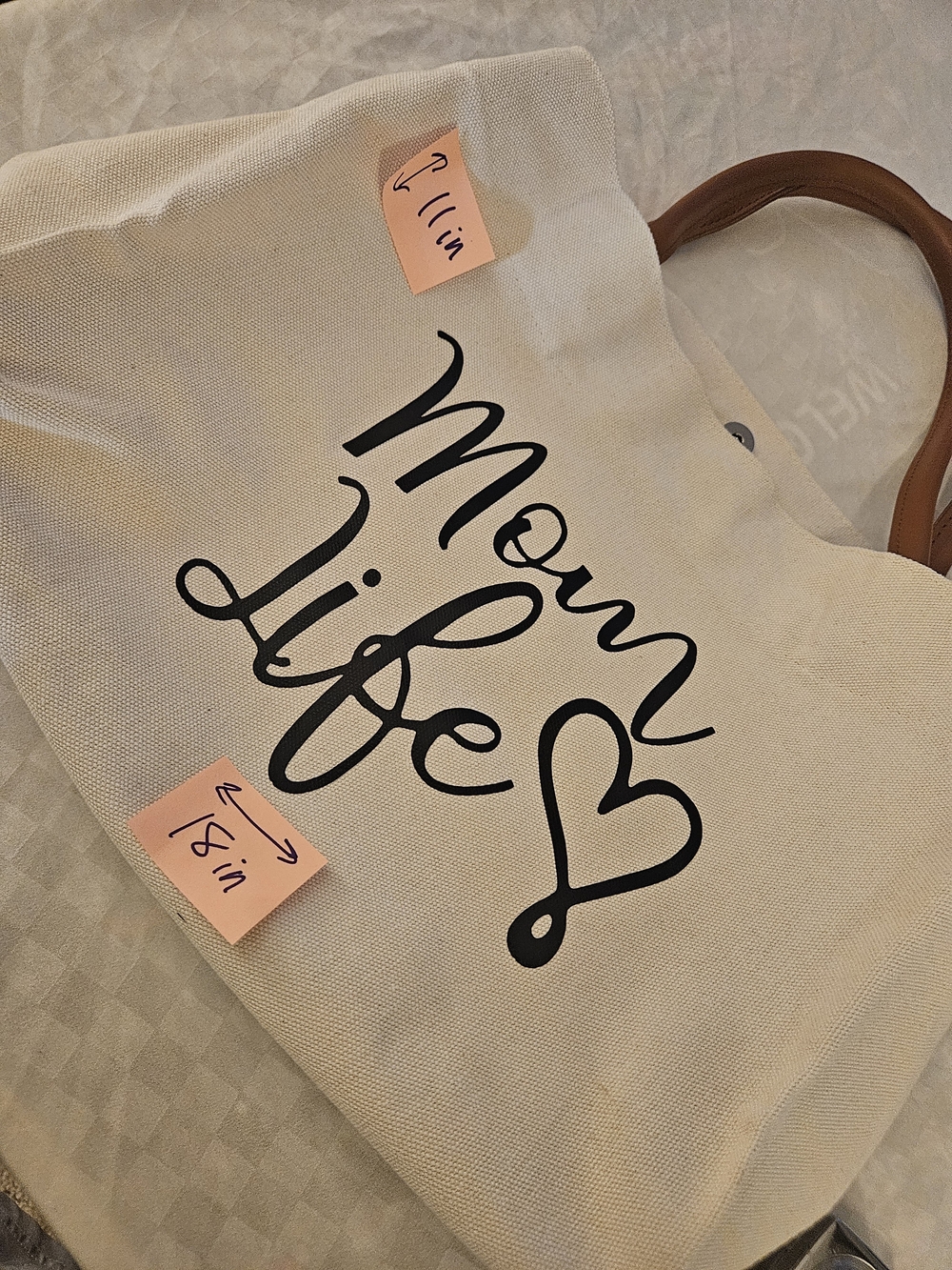 Amazon Canvas Mom Life Tote in Beige with Black Script and Brown Handles